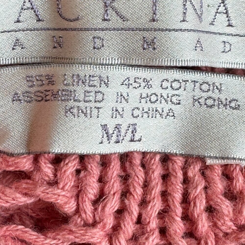 Handmade Linen Chunky Cable Knit Sweater Pink Open Knit MACKINAW  Women's M L - Picture 5 of 6